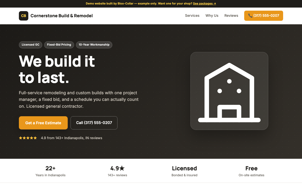Cornerstone Build & Remodel demo website — Construction